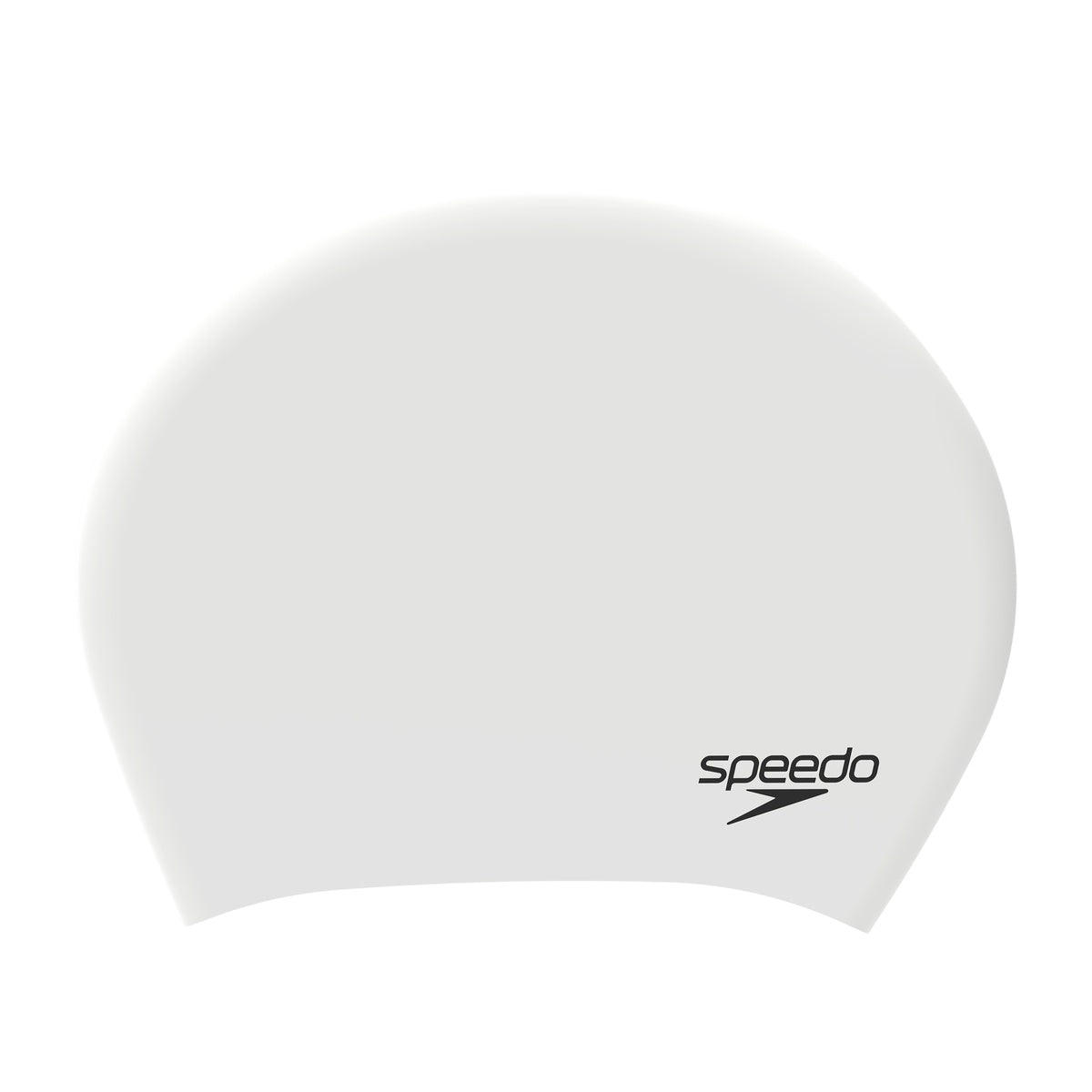 Speedo long hair swim cap in white and black, designed for comfortable fit and protection during swimming.