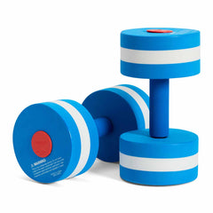 Blue and white Speedo aquatic fitness dumbbell with ergonomic grip for water exercise and resistance training.
