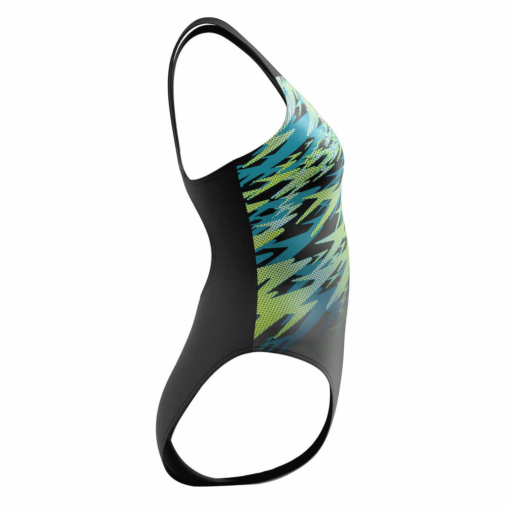 Speedo women's Hyperboom muscleback swimsuit in anthracite and hyper teal, showcasing a sleek, supportive swimwear design.