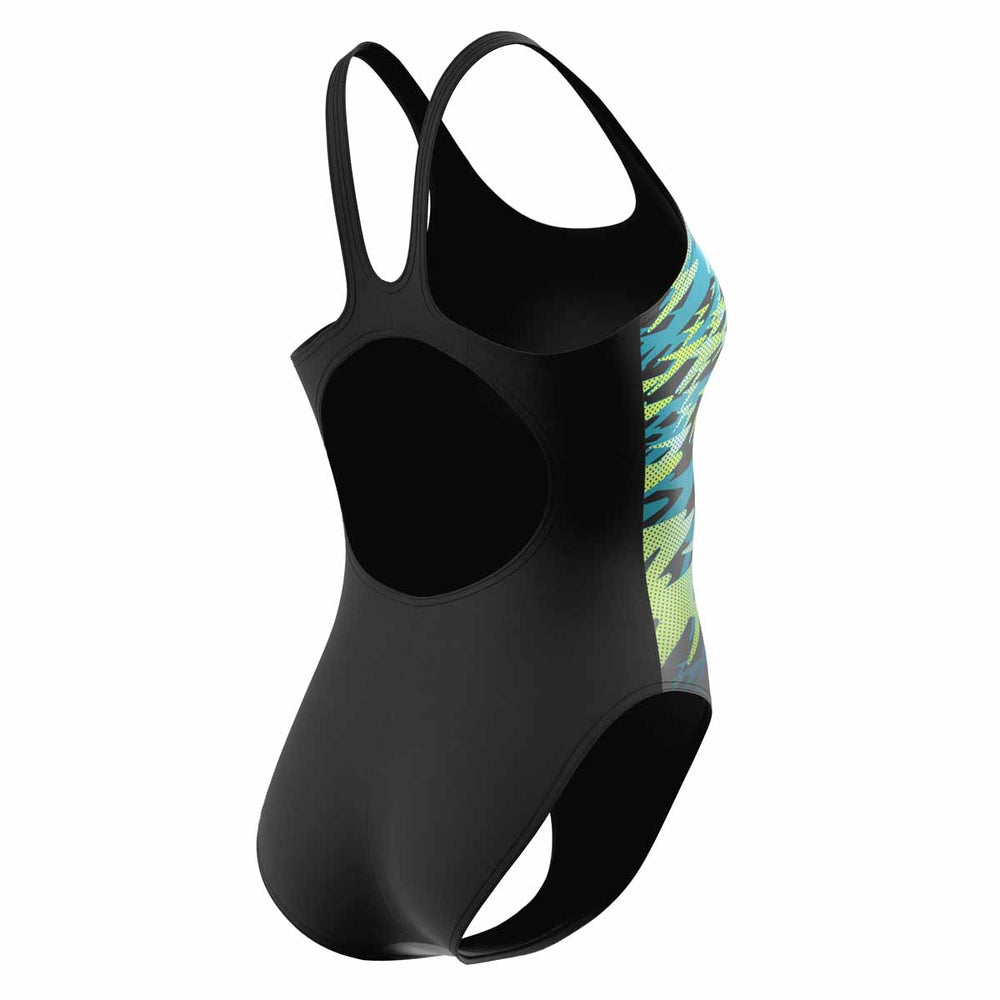 Speedo women's Hyperboom placement muscleback swimsuit in anthracite and hyper teal, showcasing the stylish swimwear design.