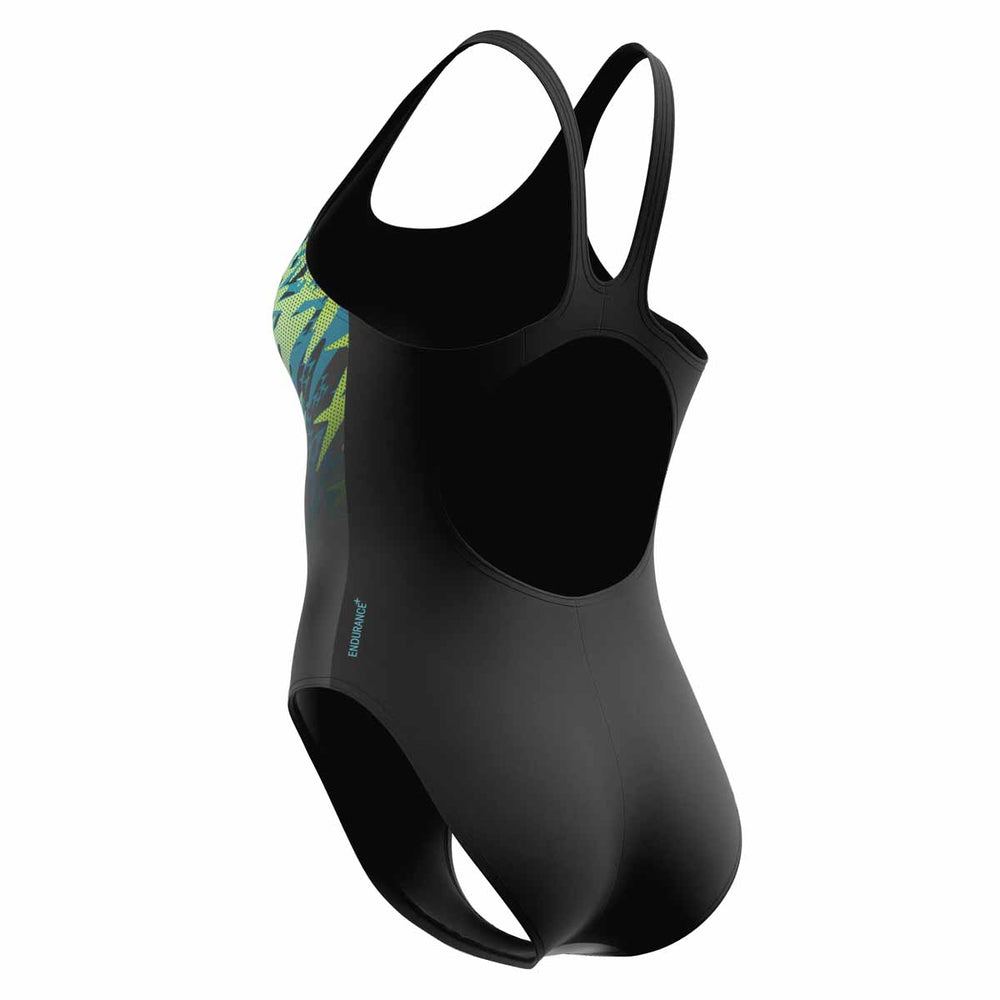 Speedo women's Hyperboom Placement Muscleback swimsuit in anthracite and hyper teal, featuring a sleek design with supportive straps.