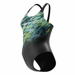 Speedo women's Hyperboom placement muscleback swimsuit in anthracite and hyper teal, designed for swimming performance.