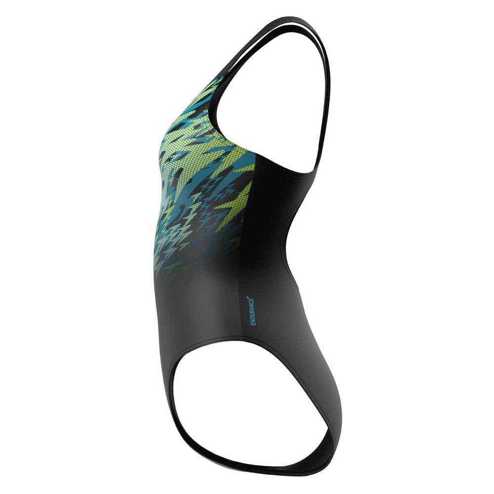 Speedo women's Hyperboom muscleback swimsuit in anthracite and hyper teal, featuring a sleek, supportive design for swimming.