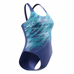 Speedo Women's Hyperboom Placement Muscleback Swimsuit in Night Watch and Glacier Blue, featuring a sleek design for competitive swimming.