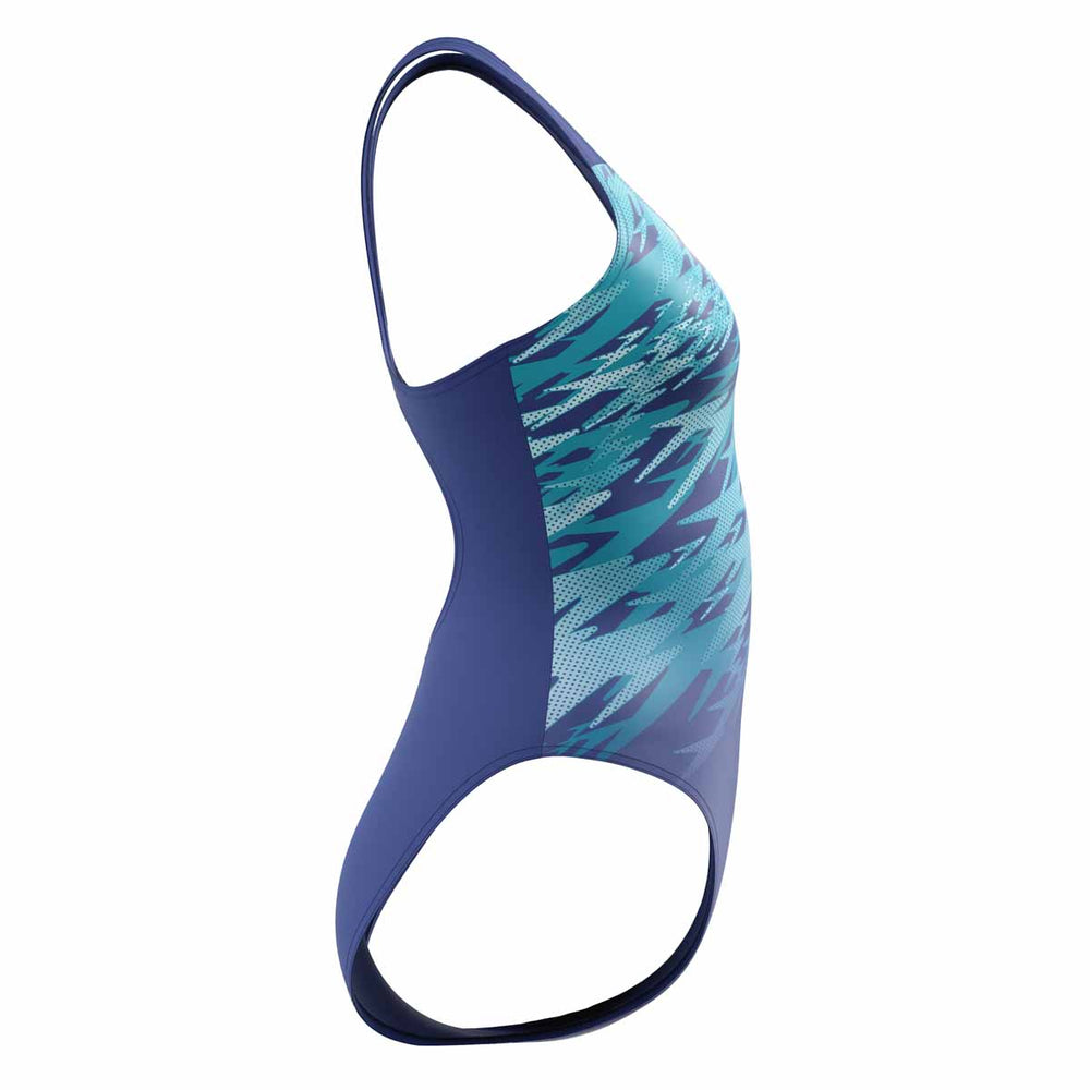 Speedo women's Hyperboom placement muscleback swimsuit in Night Watch and Glacier Blue, featuring a sleek design and supportive fit.