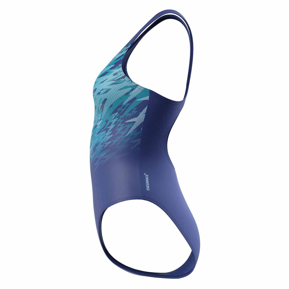Speedo women's Hyperboom Placement Muscleback swimsuit in Night Watch and Glacier Blue, featuring a sleek, supportive design.