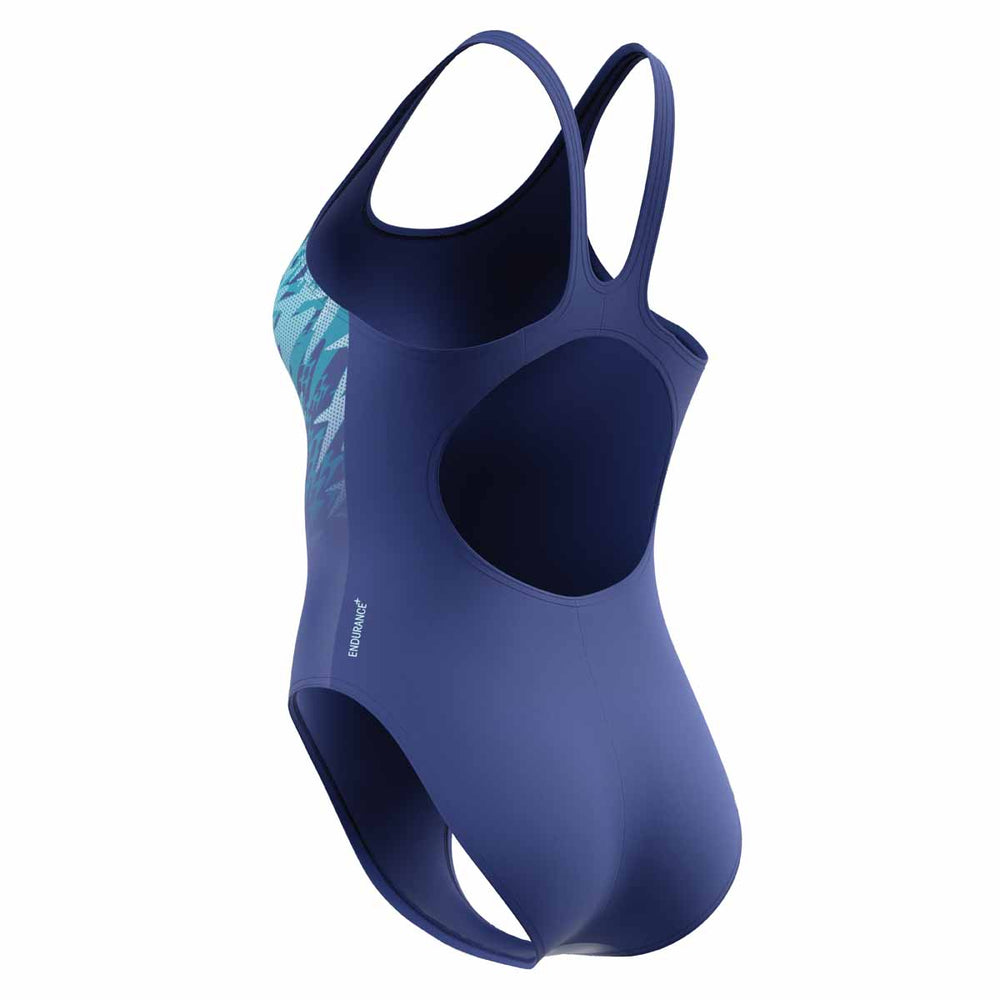 Speedo Women's Hyperboom Placement Muscleback Swimsuit in Night Watch and Glacier Blue, showing a sleek blue swimsuit design.