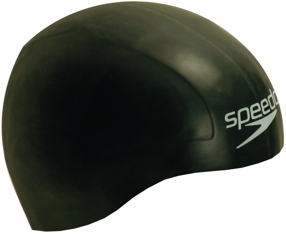 Black Speedo Aqua V swimming cap made of lightweight, waterproof material, designed for comfortable water sports use.
