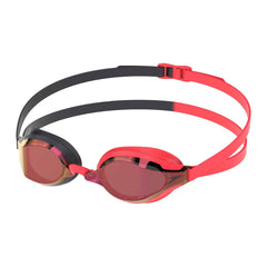 Speedo Fastskin Speed Socket 2.0 mirror goggles in black, smoke, and crimson mirror with adjustable strap and reflective lenses.