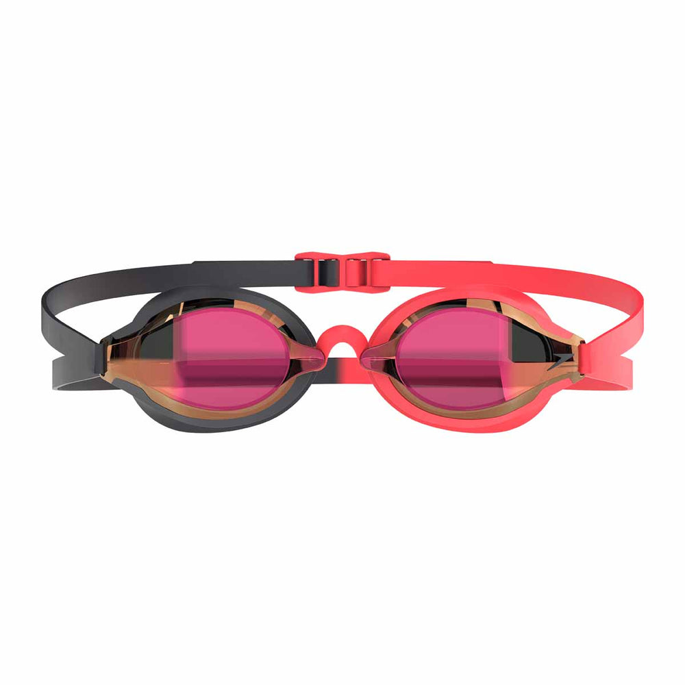 Speedo Fastskin Speed Socket 2.0 mirror goggles in black, smoke, and crimson mirror with adjustable straps and tinted lenses.