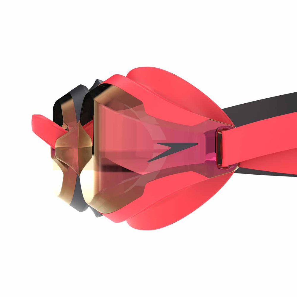 Speedo Fastskin Speed Socket 2.0 mirror goggles in black, smoke, and crimson mirror with adjustable strap and mirrored lenses.