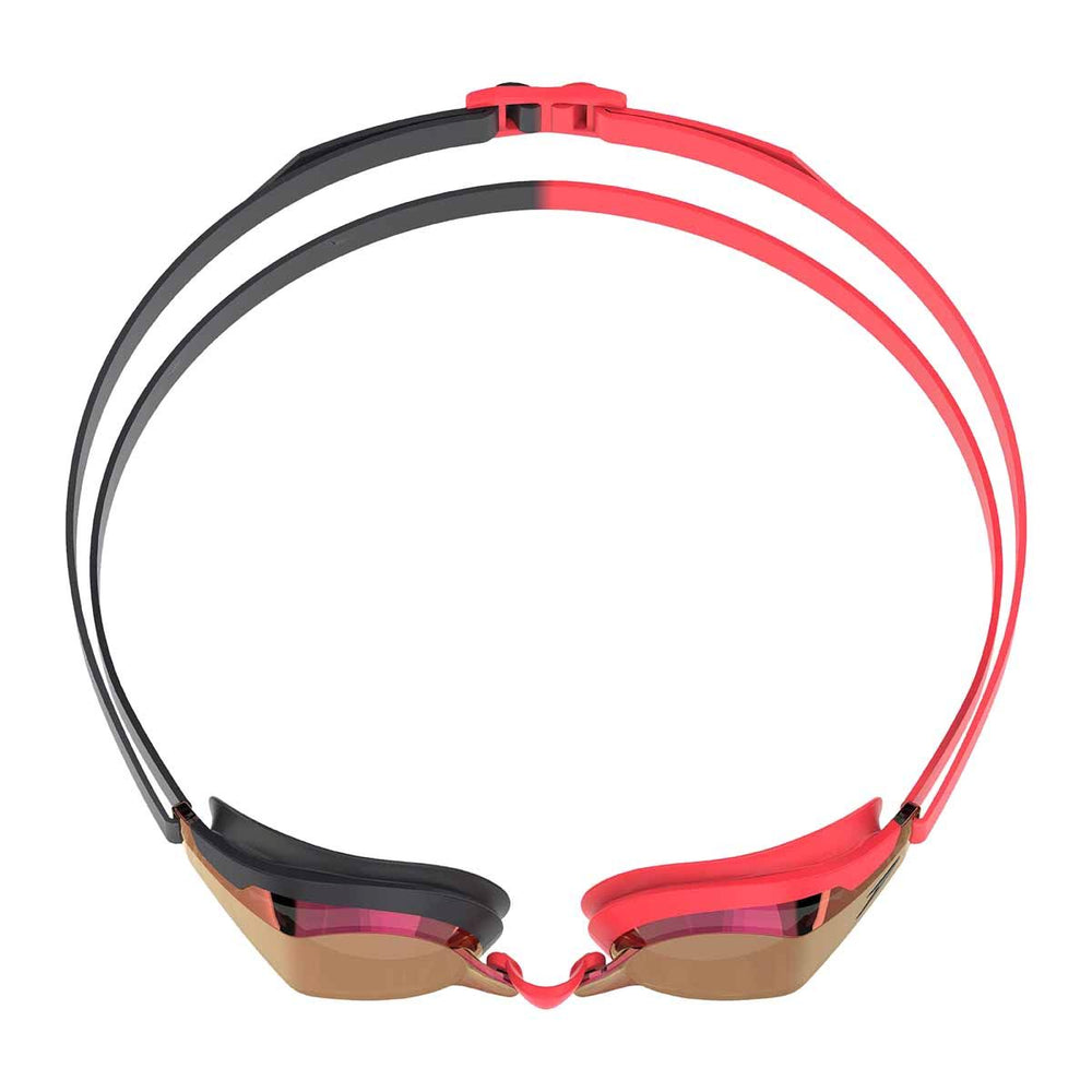 Speedo Fastskin Speed Socket 2.0 mirror goggles in black, smoke, and crimson mirror with adjustable straps and reflective lenses.