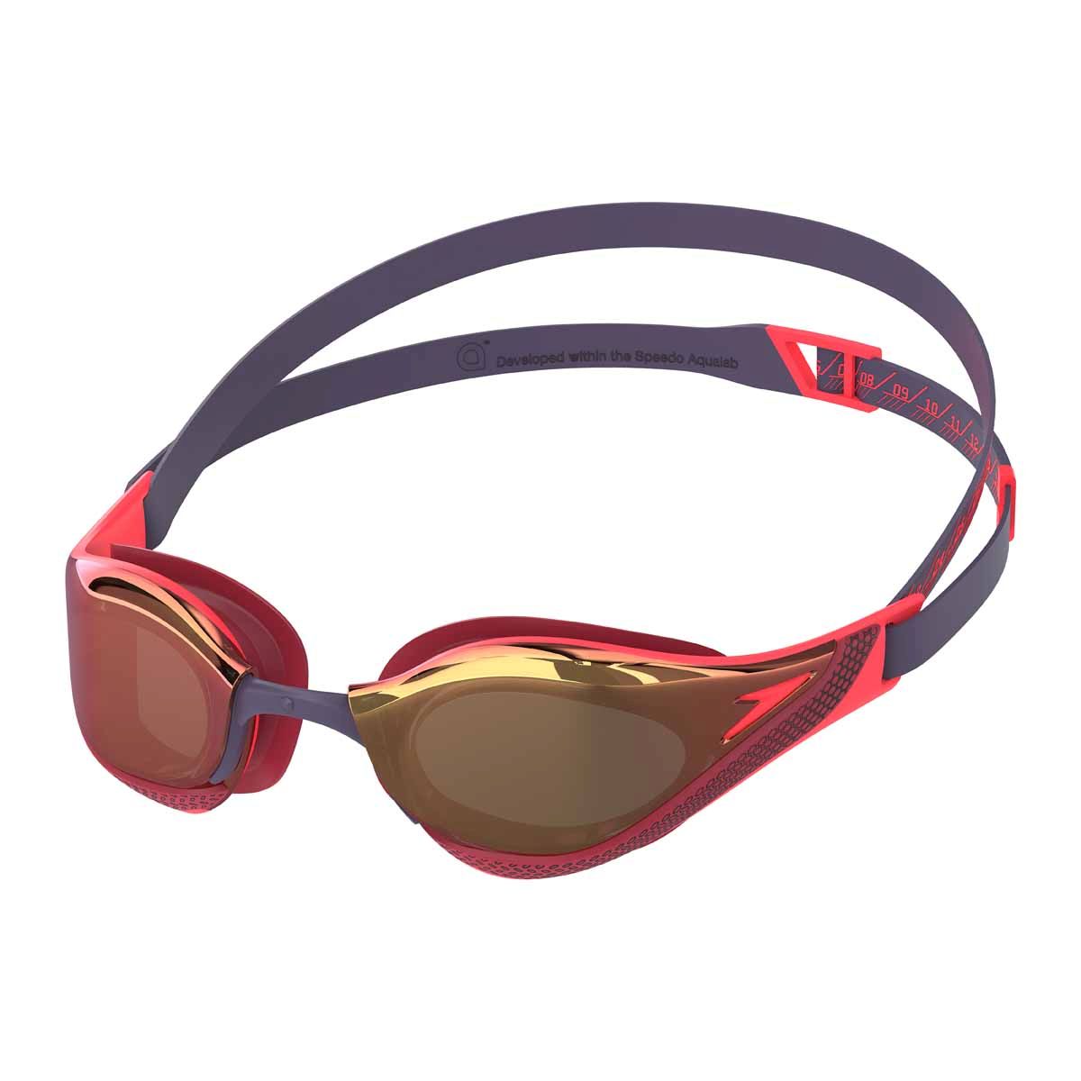 Speedo Fastskin Pure Focus mirrored swimming goggles in regal red with smoke lenses, designed for competitive swimming.