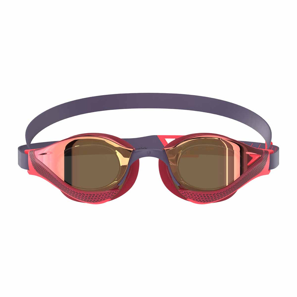 Speedo Fastskin Pure Focus mirrored goggles in regal red and smoke with a sleek design, ideal for competitive swimming.