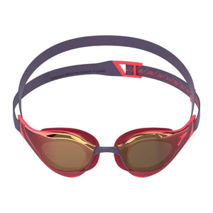 Speedo Fastskin Pure Focus mirrored swimming goggles in regal red with smoke lenses, designed for comfortable, clear underwater vision.