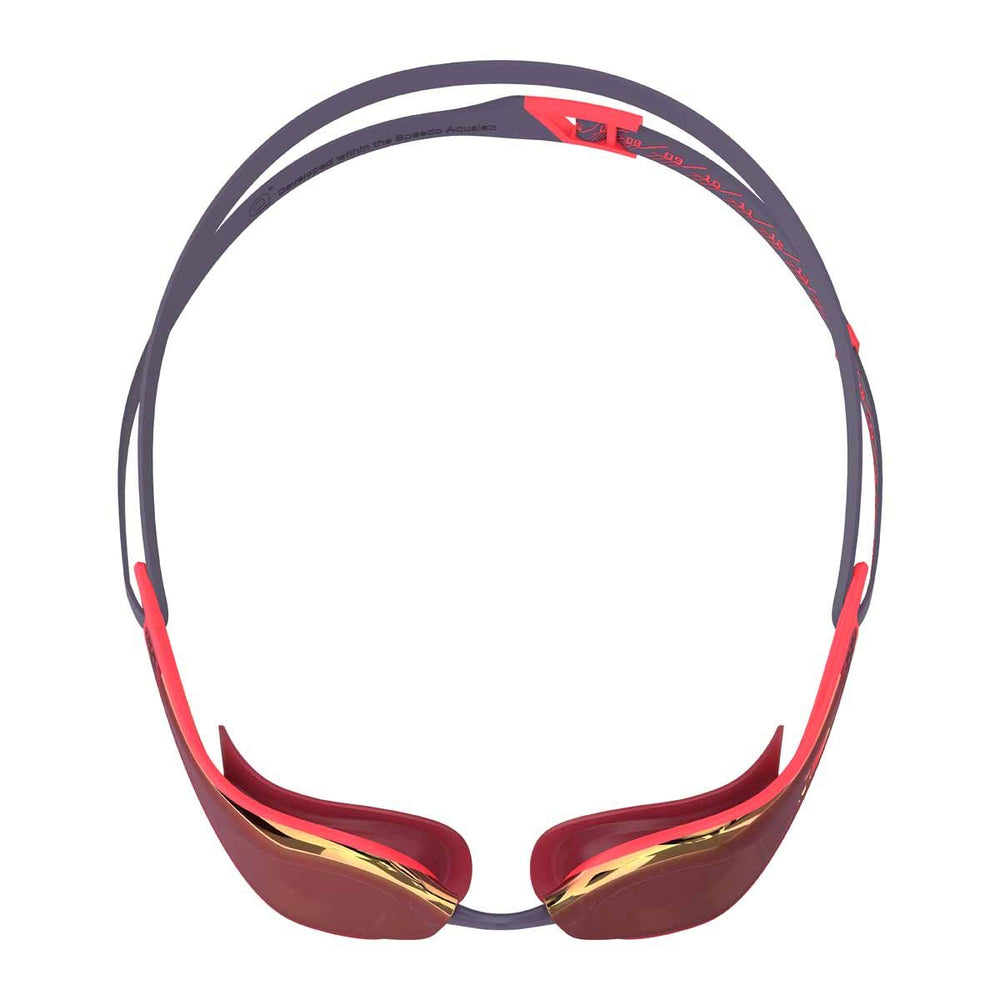Speedo Fastskin Pure Focus mirrored swimming goggles in regal red and smoke with adjustable strap and reflective lens.