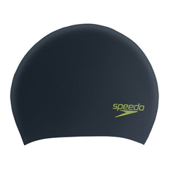 Speedo junior long hair swimming cap in black and acid green, designed for comfortable fit and water protection.