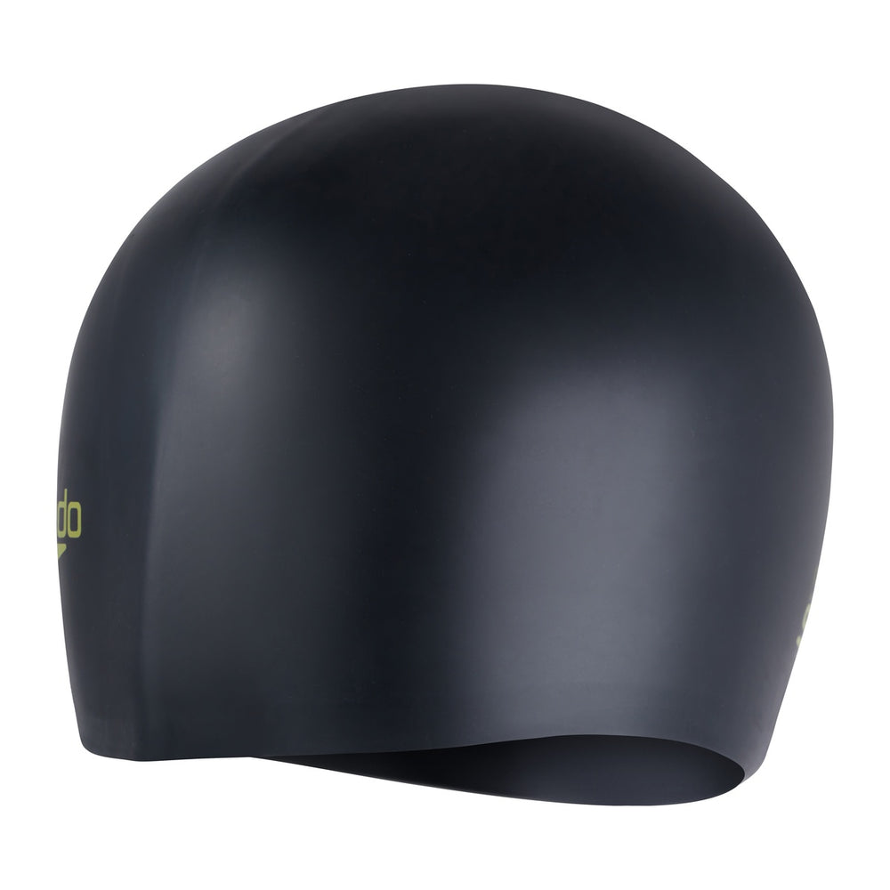 Speedo long hair swimming cap for juniors in black and acid green, made of sleek waterproof material, designed for comfortable fit.