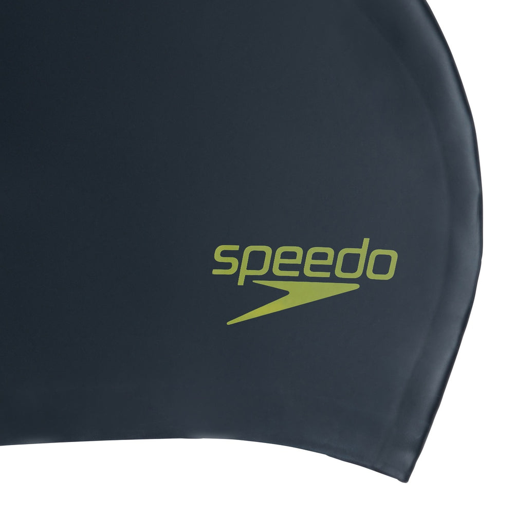 Junior Speedo long hair swimming cap in black and acid green, made of waterproof material, designed for comfortable swimming.