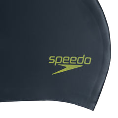 Junior Speedo long hair swimming cap in black and acid green, made of waterproof material, designed for comfortable swimming.
