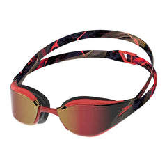 Speedo Fastskin Hyper Elite mirrored swimming goggles in autumn red, smoke, and crimson royal with adjustable straps.
