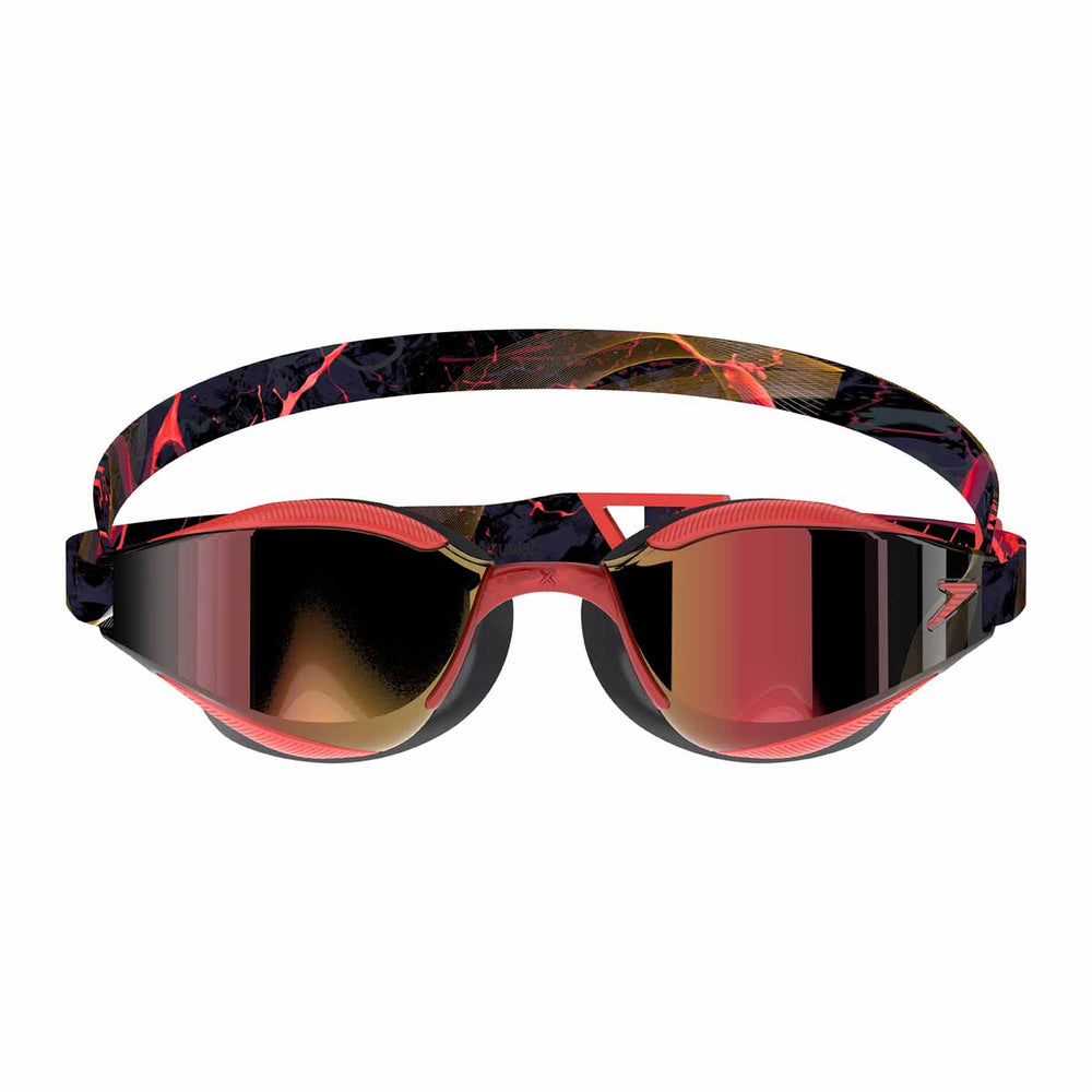 Speedo Fastskin Hyper Elite mirrored swimming goggles in autumn red, smoke, and crimson royal with adjustable straps and tinted lenses.