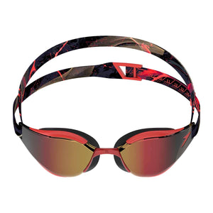 Speedo Fastskin Hyper Elite mirrored goggles in autumn red, smoke, and crimson royal with reflective lenses for swimming.