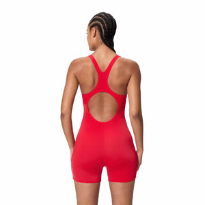 Speedo women's Endurance+ legsuit in high risk red, featuring a sleek, form-fitting design suitable for competitive swimming.