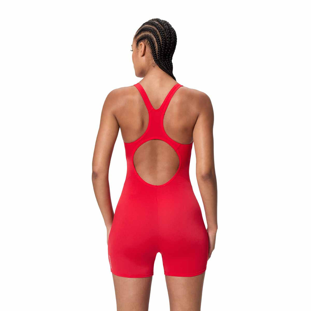 Speedo women's Endurance+ legsuit in high risk red, featuring a sleek, form-fitting design suitable for competitive swimming.
