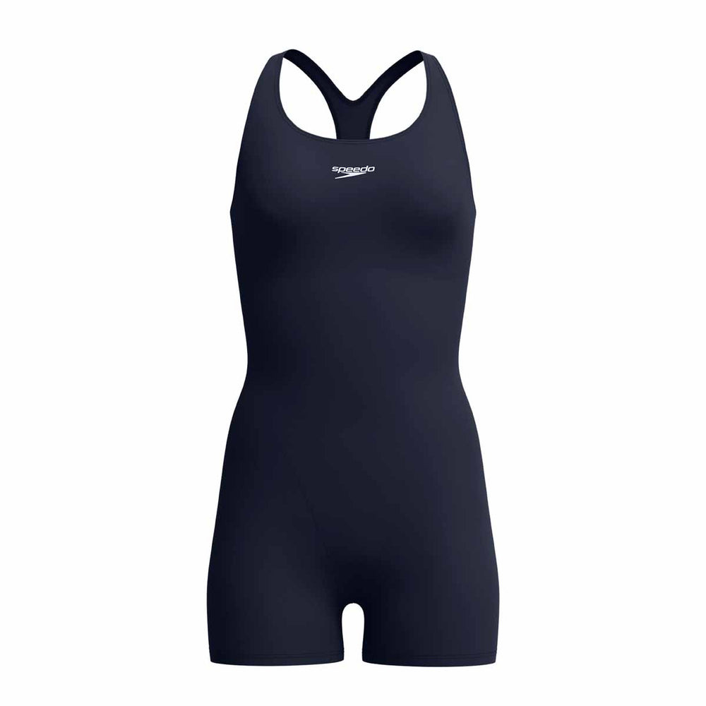 Speedo women's Endurance+ legsuit in true navy, showcasing a close-up of the sleek, fitted swimwear fabric and design.
