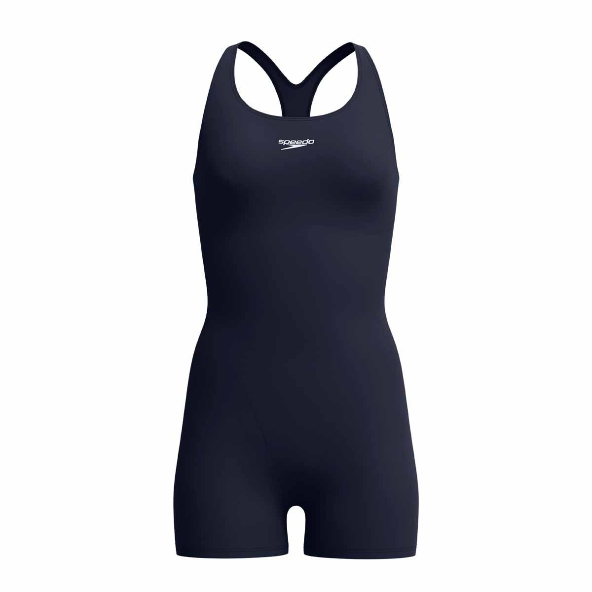Speedo women's Endurance+ legsuit in true navy, showcasing a close-up of the sleek, fitted swimwear fabric and design.