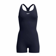 Speedo women's Endurance+ legsuit in true navy, showcasing a close-up of the sleek, fitted swimwear fabric and design.