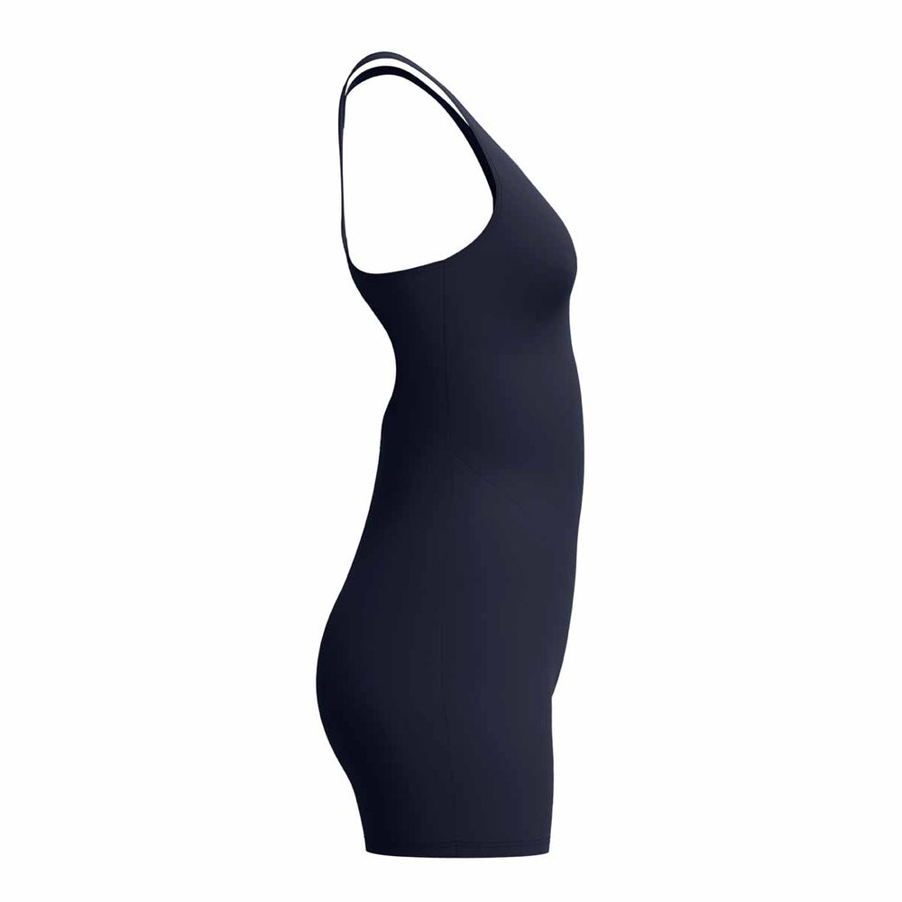 Speedo women's Endurance+ legsuit in true navy, close-up of sleek, fitted swimsuit designed for swimming and training.