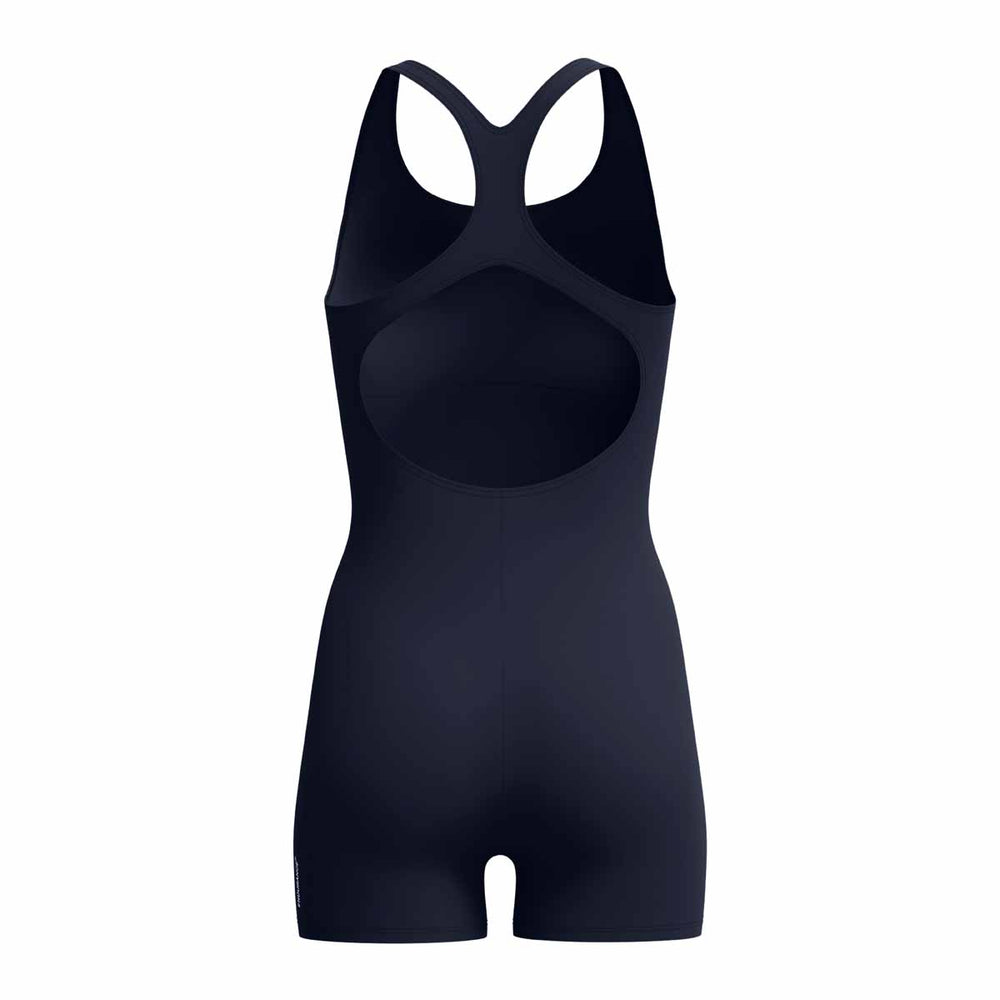 Speedo Women's Endurance+ Legsuit in True Navy, close-up showing sleek swimwear design and durable fabric for competitive swimming.