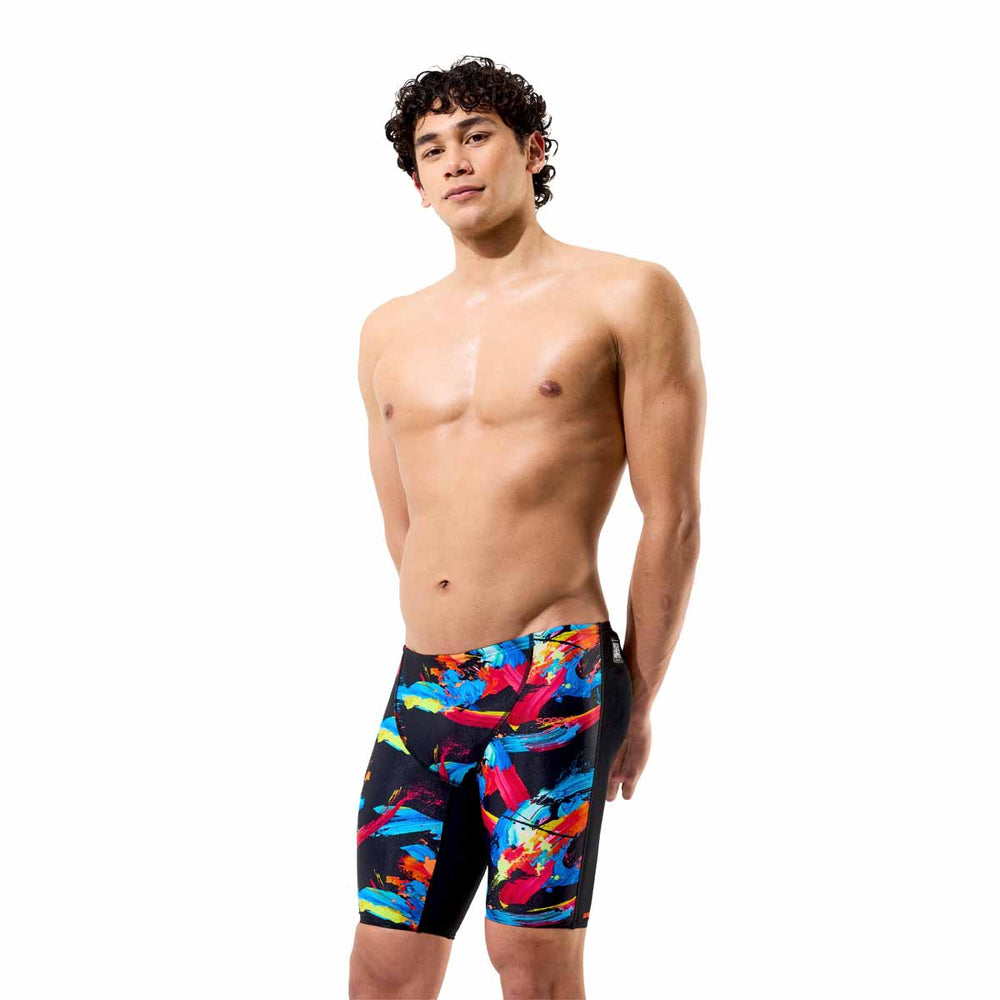Speedo boys' Fastskin Junior Endurance+ Max high waisted jammers in shock and black color, shown on a swimmer.