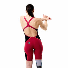 Speedo Women's Fastskin LZR Pure Intent 2.0 openback kneeskin swimsuit in regal red, black, and flare design.