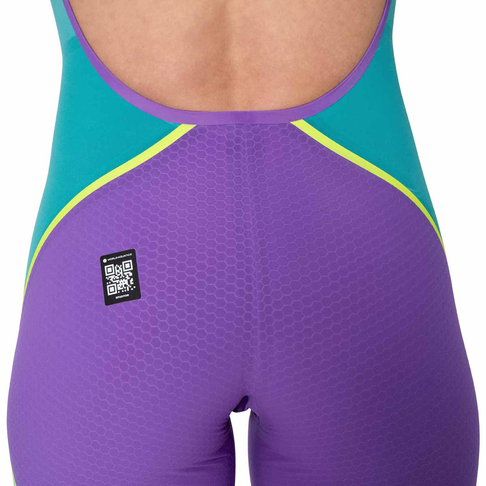 Speedo Women's Fastskin LZR Pure Intent 2.0 openback kneesuit in grape, blue, and yellow with sleek design and streamlined fit.