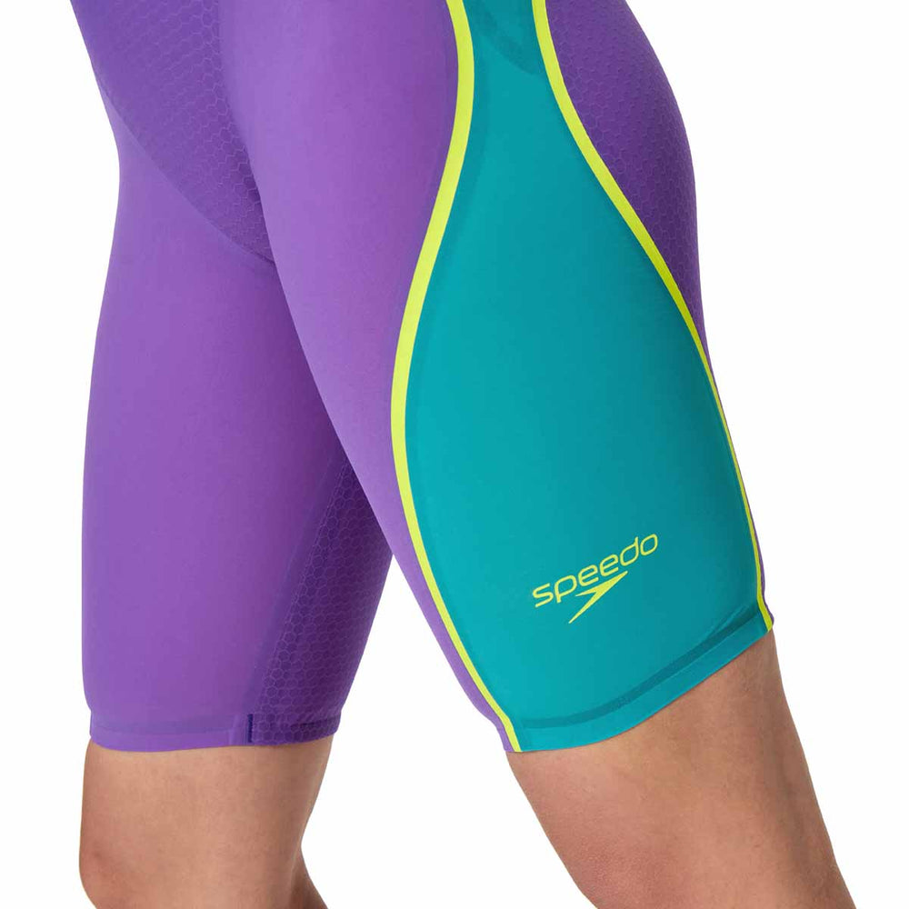 Speedo Women's Fastskin LZR Pure Intent 2.0 openback kneesuit in grape, blue, and yellow for competitive swimming.