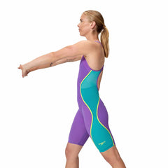 Speedo Women's Fastskin LZR Pure Intent 2.0 openback kneesuit in grape, blue, and yellow with sleek, streamlined design.