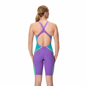 Speedo Women's Fastskin LZR Pure Intent 2.0 openback kneesuit in grape, blue, and yellow with sleek, streamlined design.