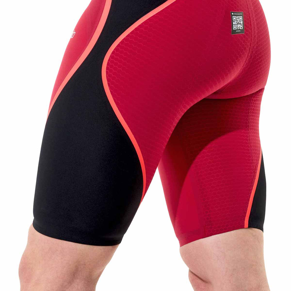 Speedo men's Fastskin LZR Pure Intent 2.0 jammer in regal red, black, and flare, designed for competitive swimming.