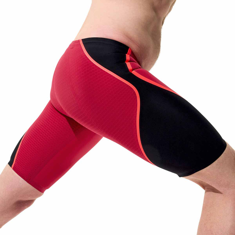 Speedo Men's Fastskin LZR Pure Intent 2.0 jammer in regal red, black, and flare design, showcasing its sleek swimwear fit.