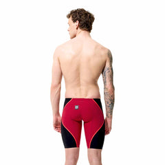 Speedo men's Fastskin LZR Pure Intent 2.0 jammer in regal red, black, and flare design, showcasing the sleek swimwear fit.