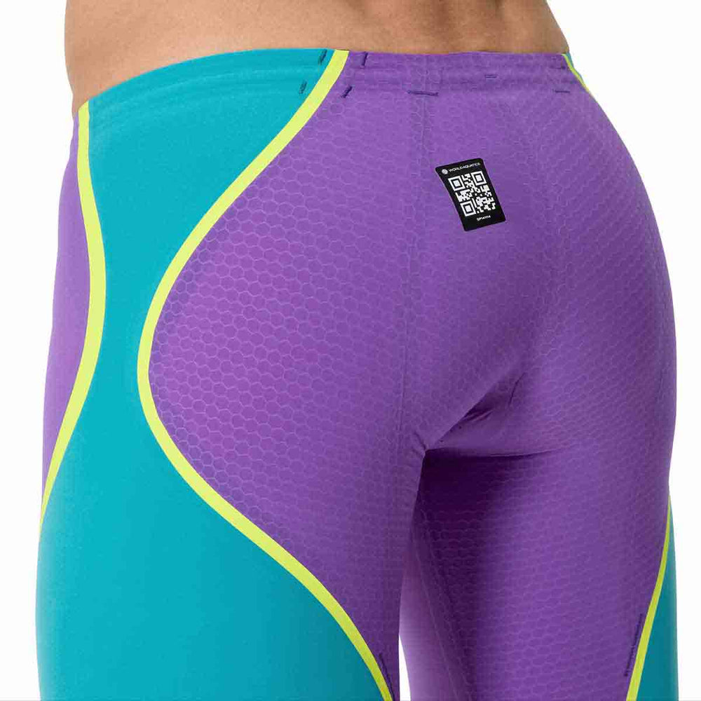 Speedo men's Fastskin LZR Pure Intent 2.0 jammer in grape, blue, and yellow showing the sleek swimwear design.