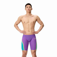 Speedo Men's Fastskin LZR Pure Intent 2.0 Jammers in grape, blue, and yellow with sleek swimwear design.