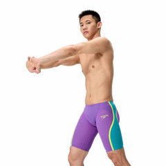 Speedo men's Fastskin LZR Pure Intent 2.0 jammer in grape, blue, and yellow with sleek, hydrodynamic design for competitive swimming.