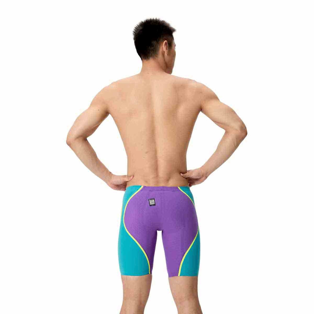 Speedo men's Fastskin LZR Pure Intent 2.0 jammer in grape, blue, and yellow with a sleek swimwear design.