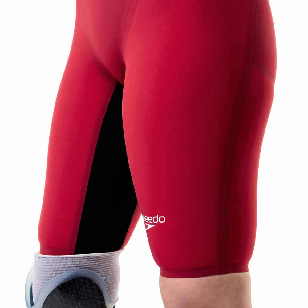 Speedo Women's Fastskin LZR Pure Valor 2.0 openback kneesuit in regal red and black, showcasing sleek design and open back.