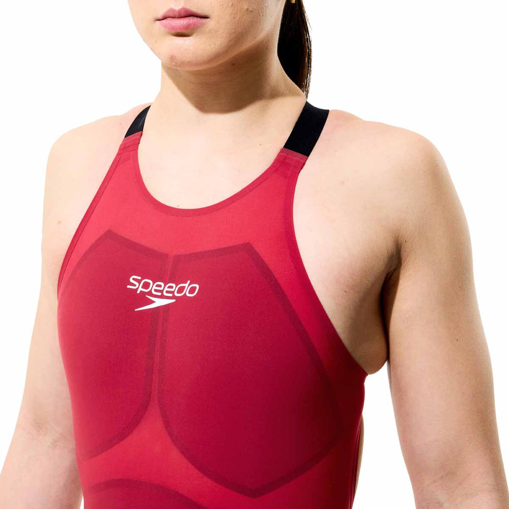 Speedo Women's Fastskin LZR Pure Valor 2.0 openback kneesuit in Regal Red and Black, form-fitting swimwear for competitive swimming.