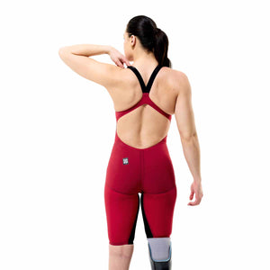 Speedo Women's Fastskin LZR Pure Valor 2.0 openback kneeskin in Regal Red and black, designed for competitive swimming.